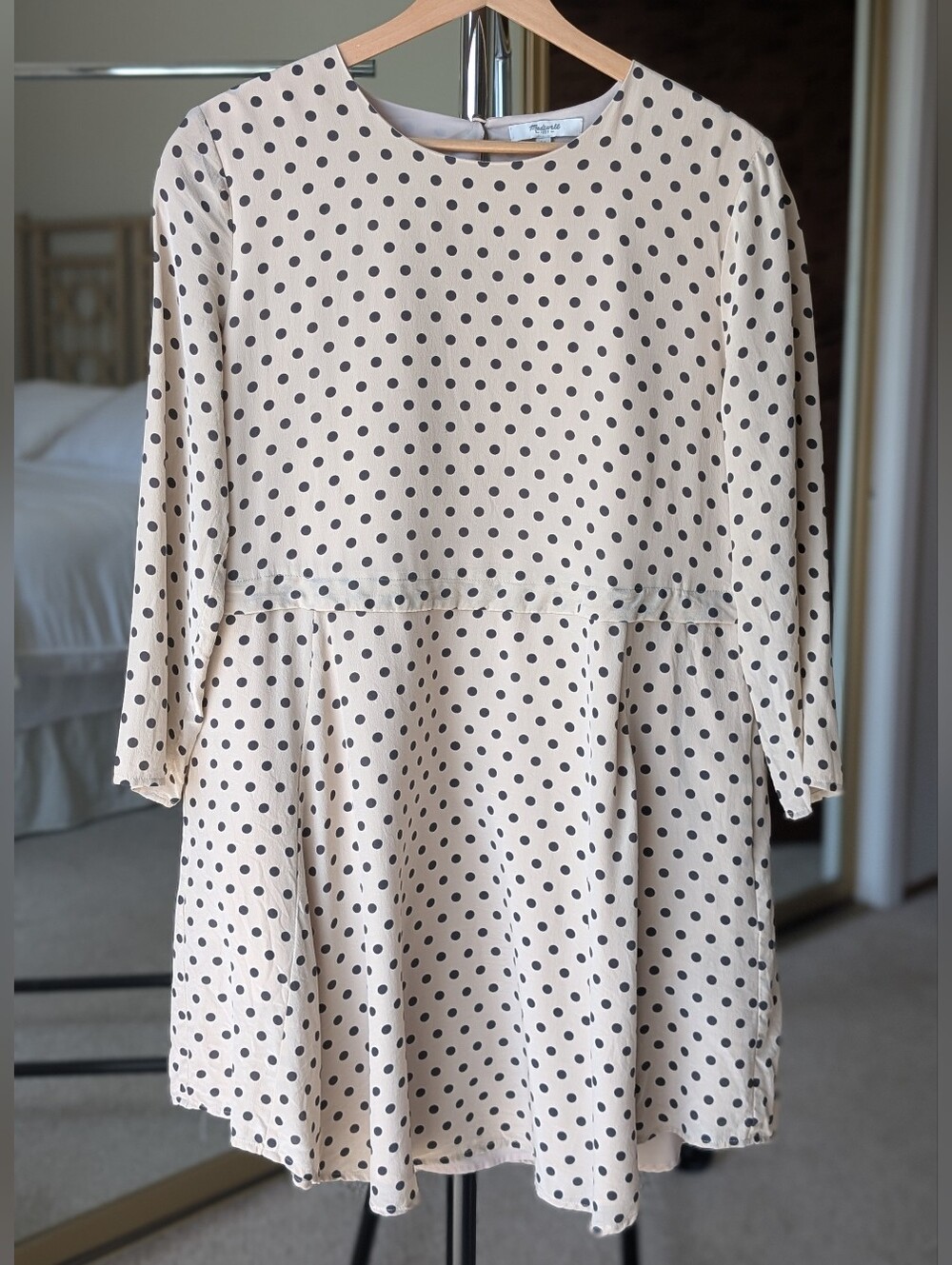 Madewell Silk Long-Sleeve Polka Dot Mini Dress in Sand Size Medium